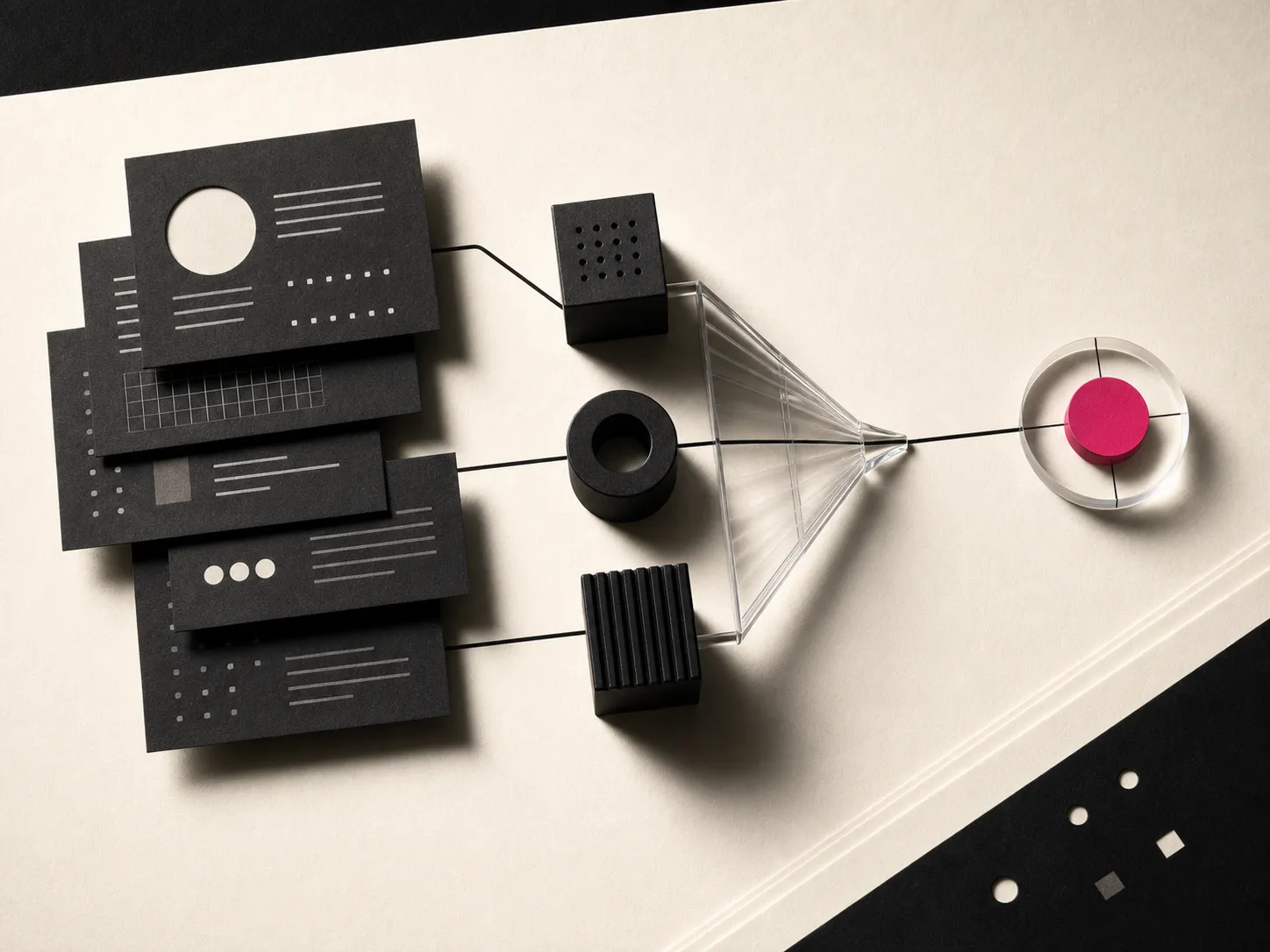Black source cards passing through a clear optical funnel into one hot-pink citation token